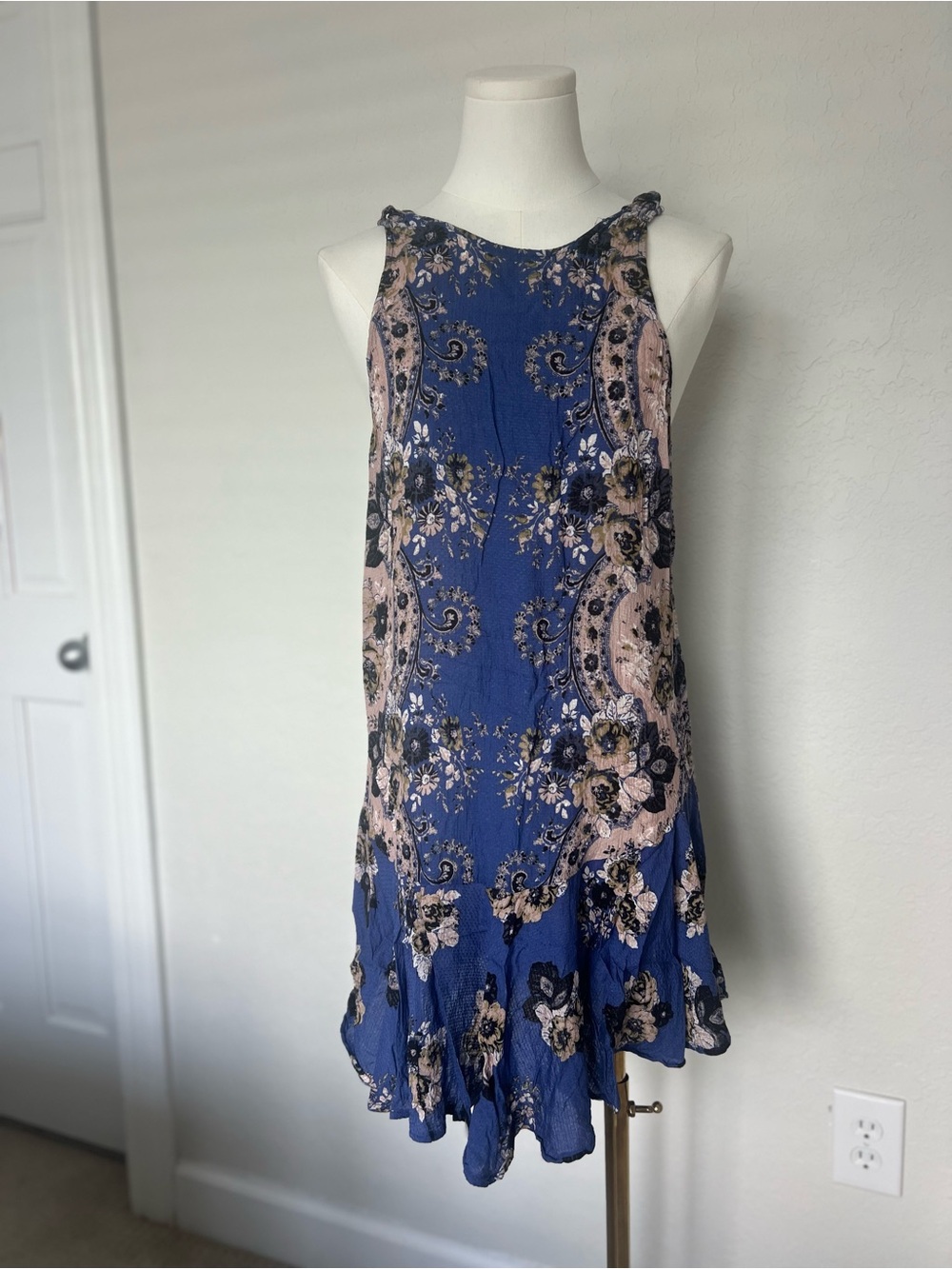 Free People Intimately Dobby Dot Dress Small Blue Floral Paisley Boho Open Back